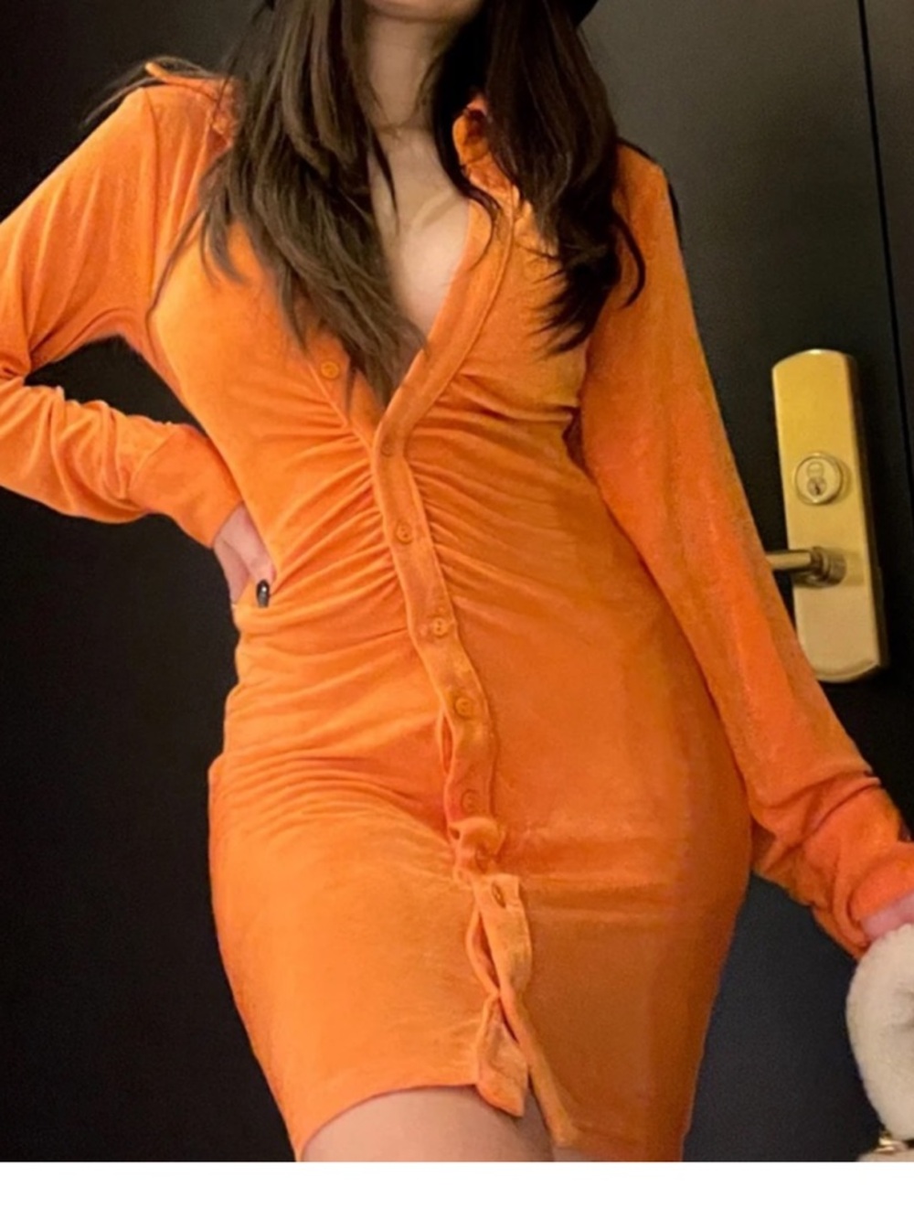 Fashion Nova Orange Long-Sleeve Ruched Button-Front Dress